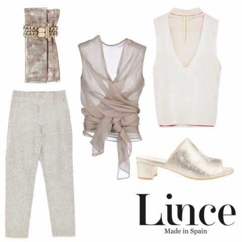 Outfit en tonos neutros y taupe metalizado